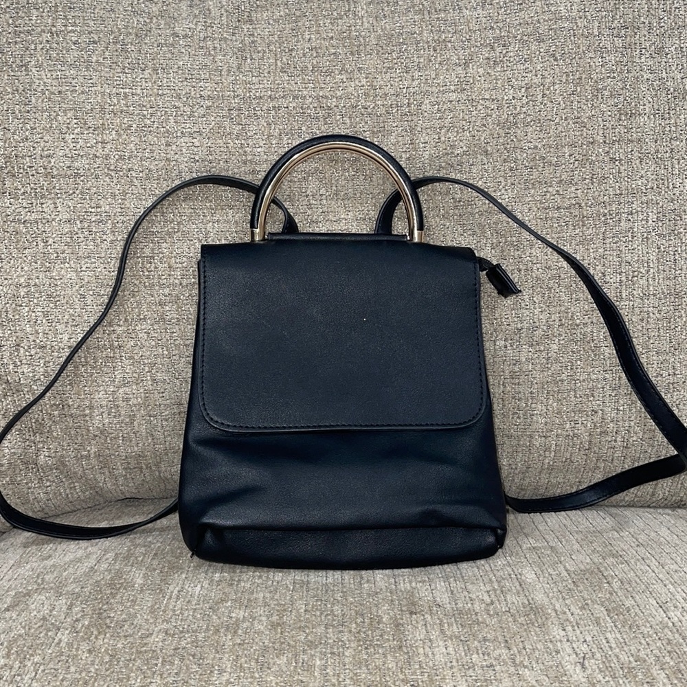 Black Faux Leather Flap Backpack with Gold Details